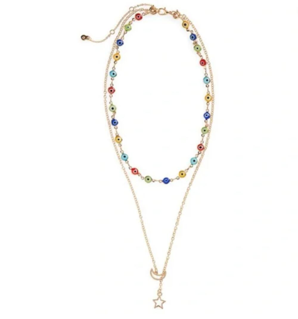 Layered Glass Bead Necklace Star Moon Pendant Gold Toned Chain
